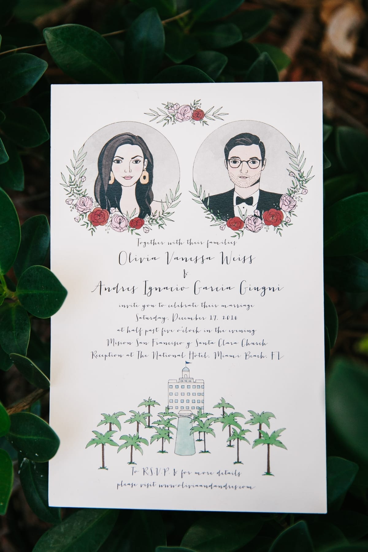 Wedding Invitation. Illustration of the bride and groom. Miami Beach Wedding at the National Hotel #CarolinaGuzikPhotography #weddinginvitation 