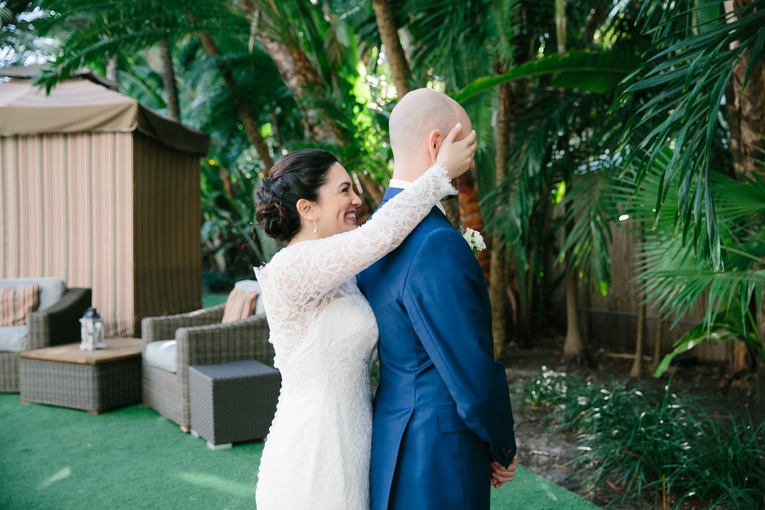 The sweetest Bride & Groom first look at the National Hotel Miami. South Beach Wedding