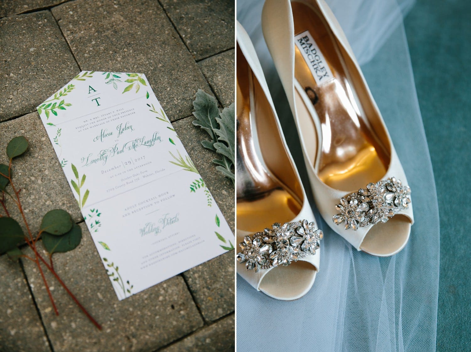 Elegant Farm Wedding at October Oaks. Wedding invitation and wedding shoes