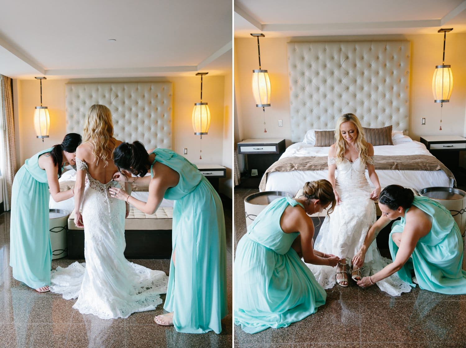 Bride getting ready. Lace Wedding Gown and turquoise bridesmaids dresses. Winter Beach Wedding at the National Hotel in South Beach Fl 