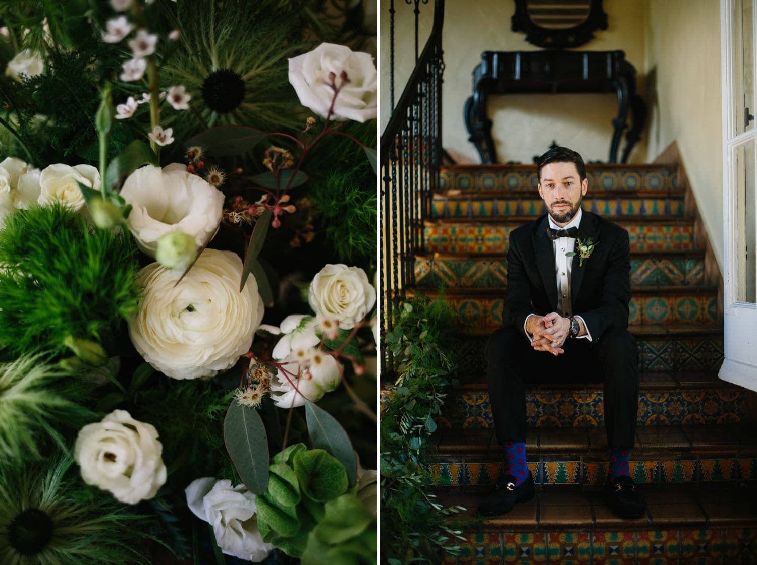 Portrait of a groom at Villa Woodbine. Greenery inspired wedding