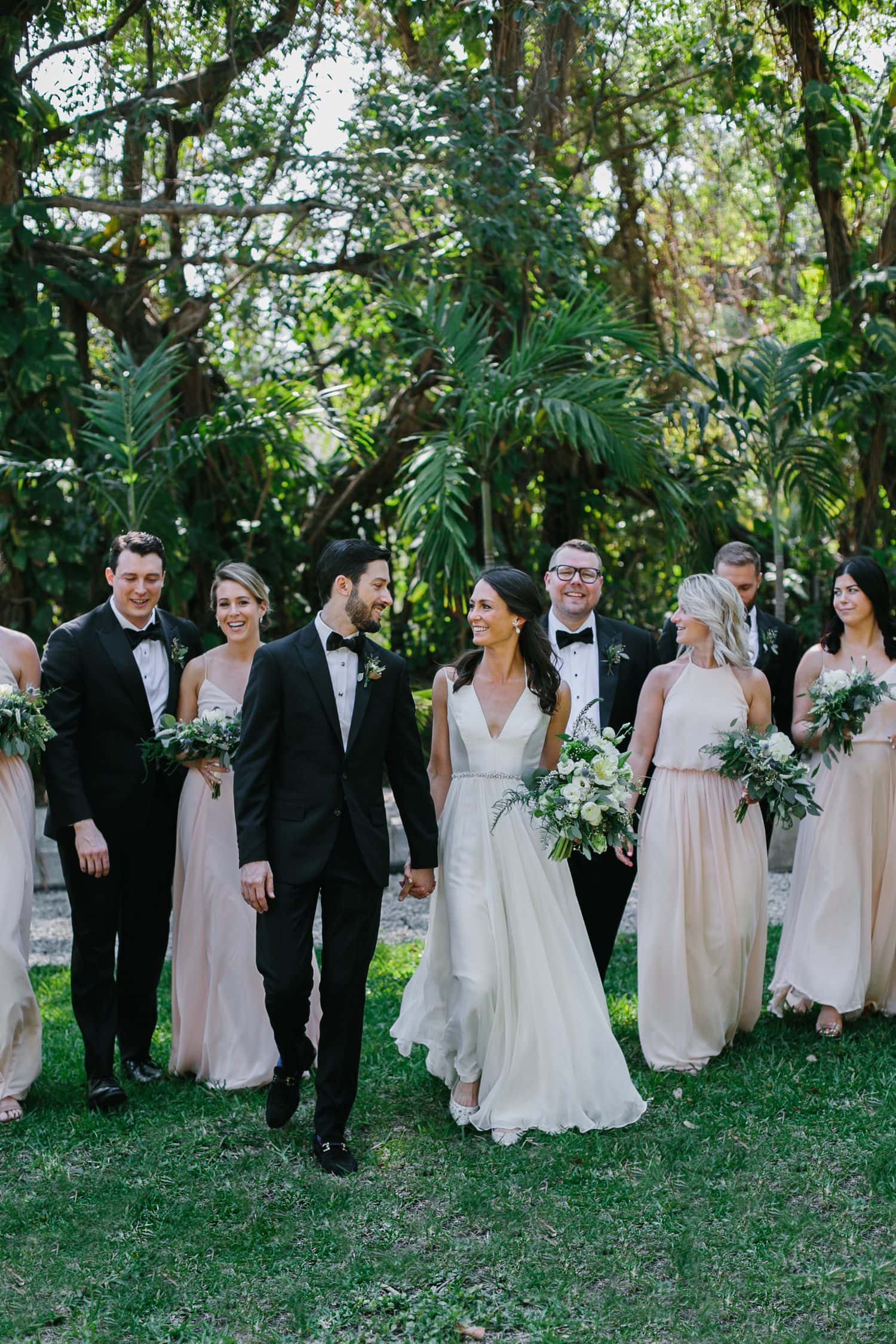 Large wedding party at Villa Woodbine. Greenery inspired wedding at Villa Woodbine