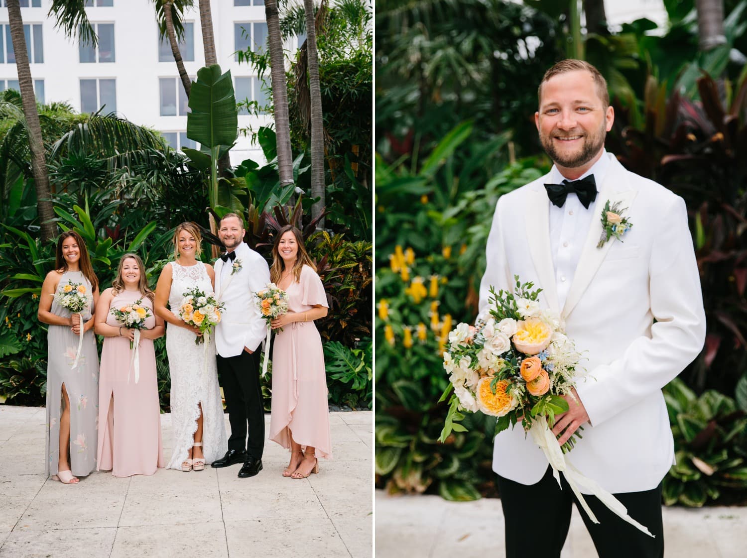 Tropical flower arrangements and beach dresses for a wedding at The Palms Hotel in Miami