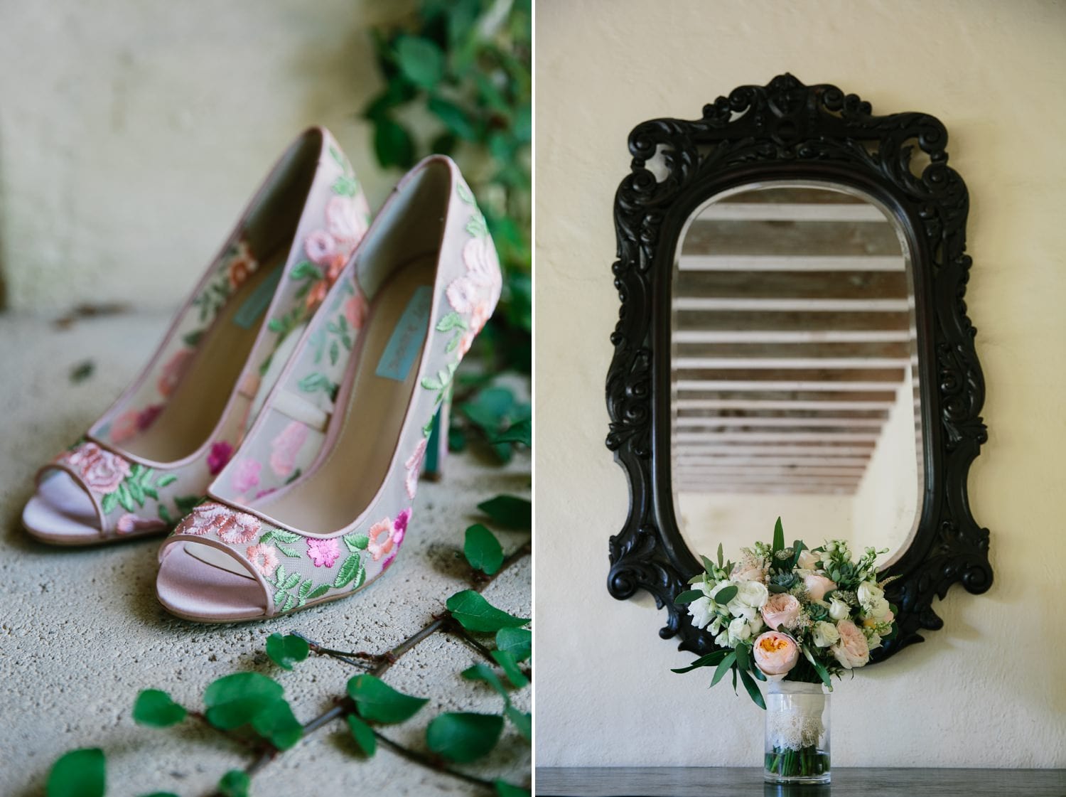 bridal shoes and bouquet wedding. Wedding at Villa Woodbine 