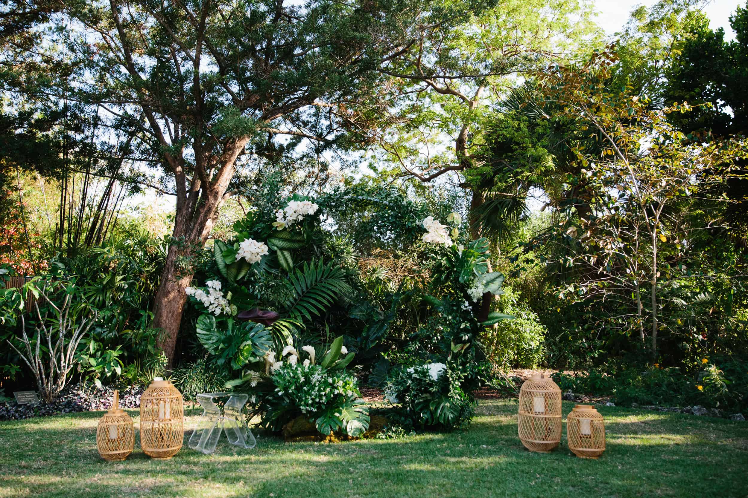 wedding ceremony decor at the Miami Beach Botanical Garden