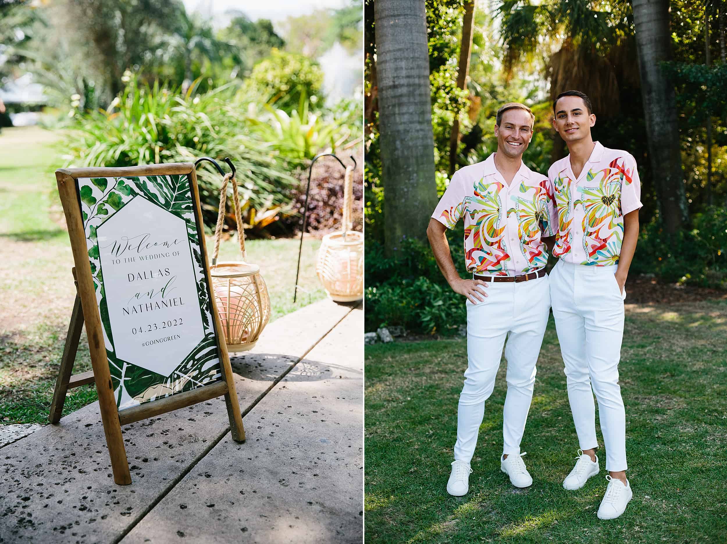 Wedding Welcome Sign and couple wearing a casual and colorful outfit. Perfect for a spring or summer celebration