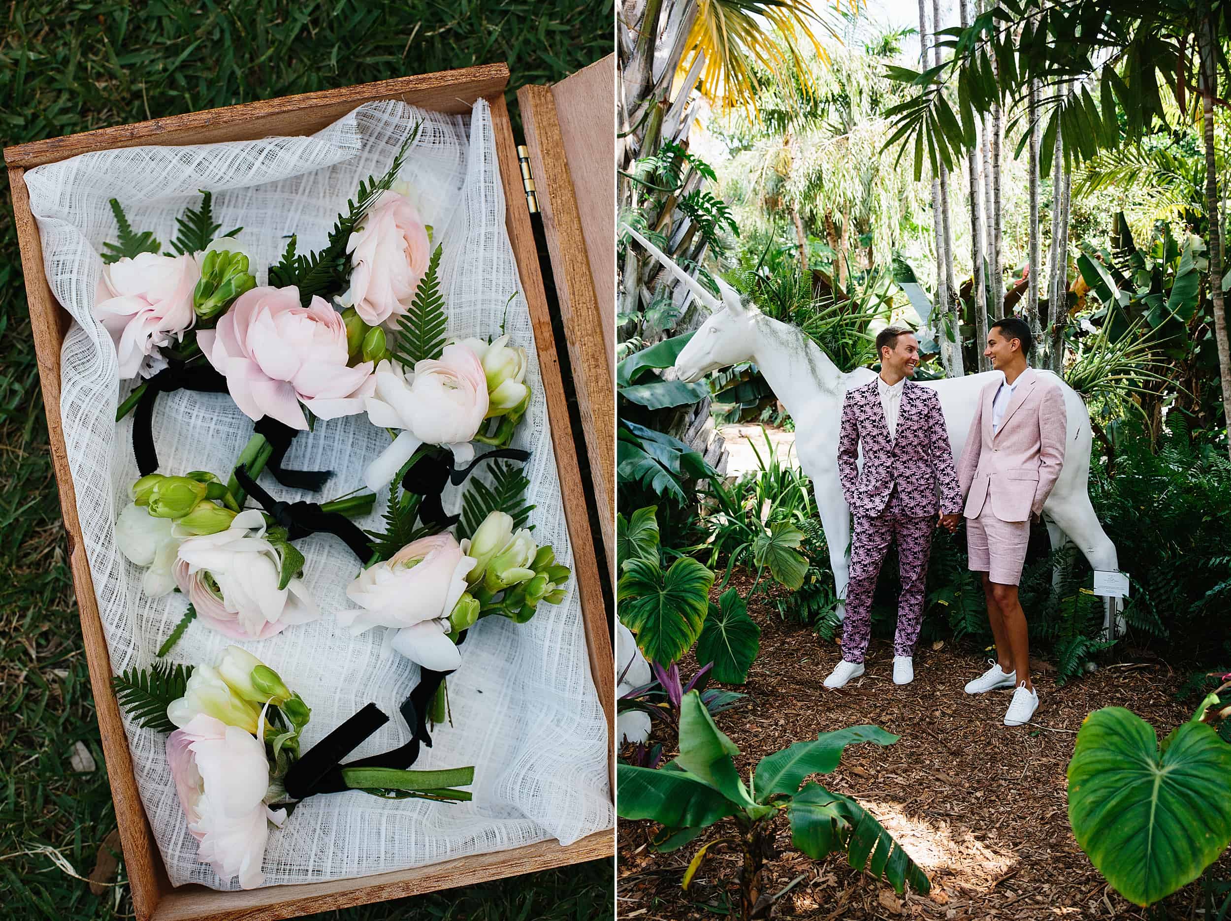 Stylish grooms wearing a print suit and a short suit for their Miami Garden wedding