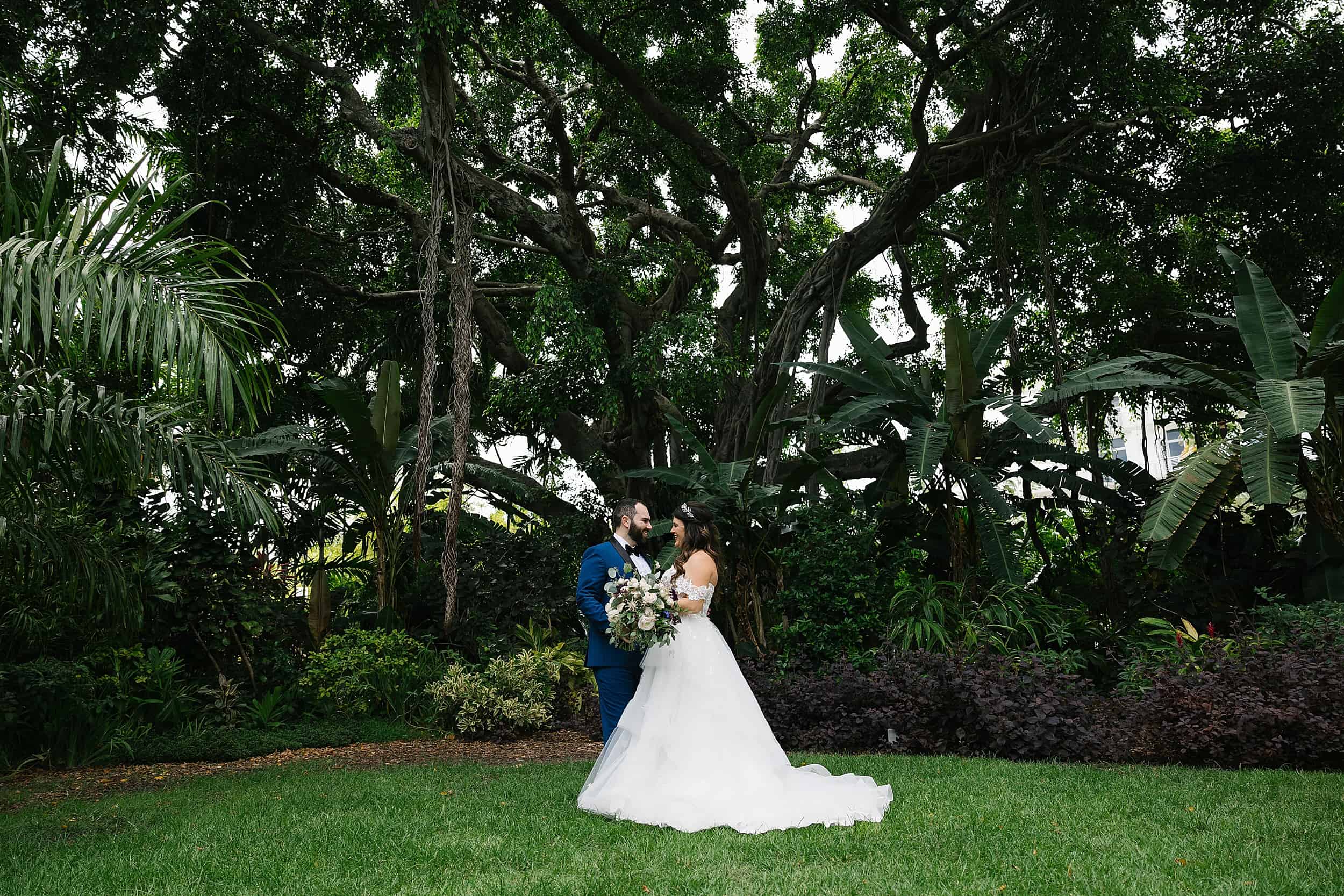 Bride and groom first look at the Miami Beach Botanical Garden