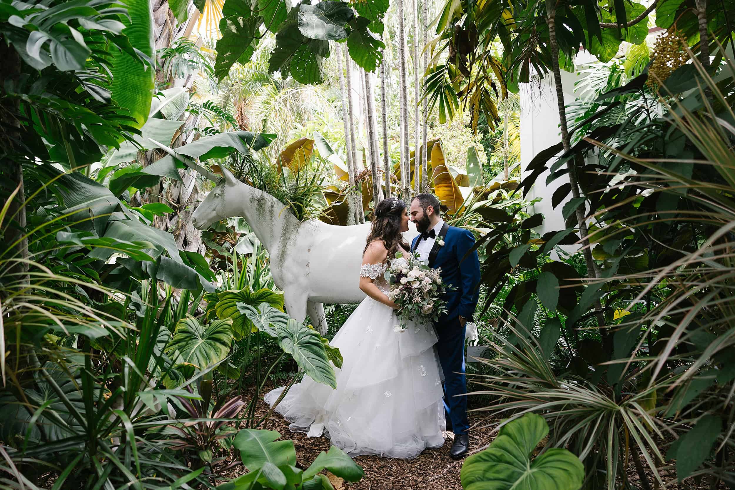 portrait of Bride and groom at the Miami Beach Botanical Garden
