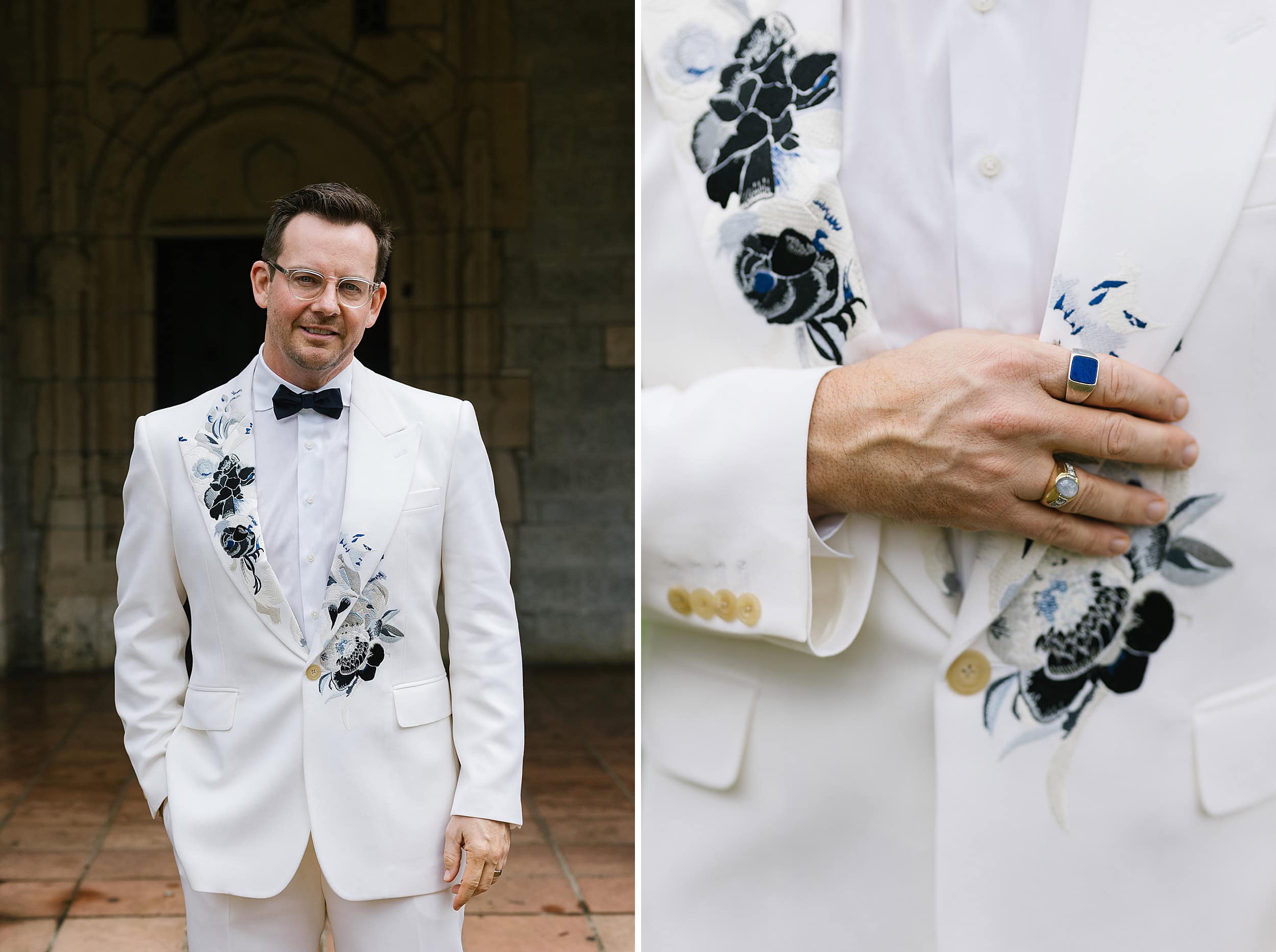 Groom wearing  Alexander McQueen suit at the Spanish Monastery 